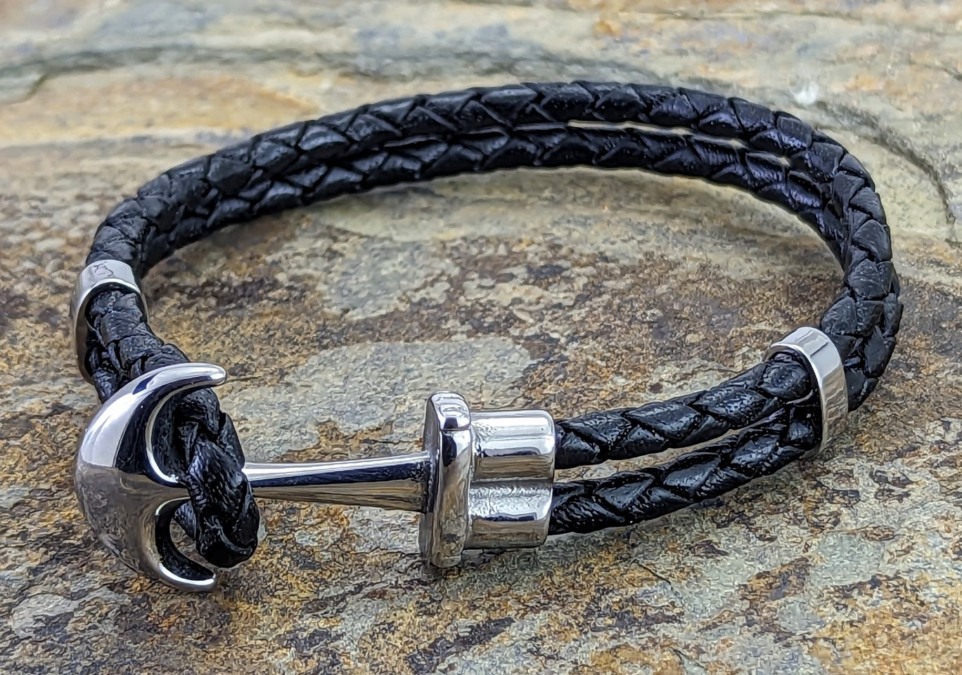 Black leather bracelet with anchor style clasp.